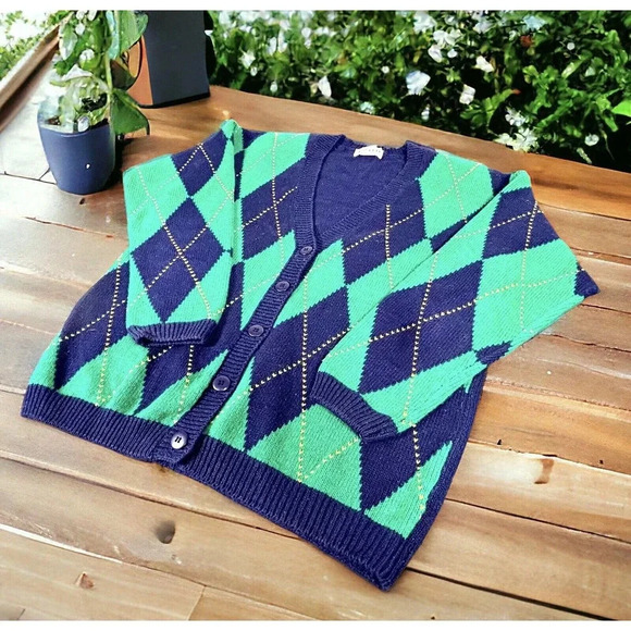 Vtg Izod Argyle Cardigan Sweater Green And Blue Size Medium M Secretary Unisex - Picture 1 of 11